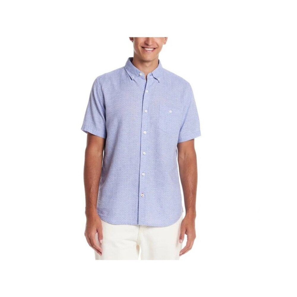 NWT Weatherproof Vintage Men's S Short Sleeve Button-Up Shirt Blue Linen-Cotton